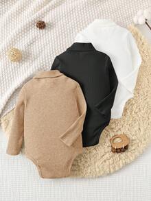 SHEIN 3 件套新生婴儿男孩/女孩幼儿厚实保暖纯色高领长袖连体衣和裤子套装，舒适、百搭、时尚、休闲，适合室内、户外、日常穿着、运动、玩耍、派对、摄影、节日、秋冬季万圣节