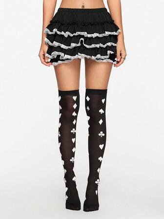Grunge Punk 1 par de medias altas sexys de estilo Halloween con diseño de naipes, medias transparentes elásticas con patrón geométrico lindo, medias de moda para usar a diario y en fiestas