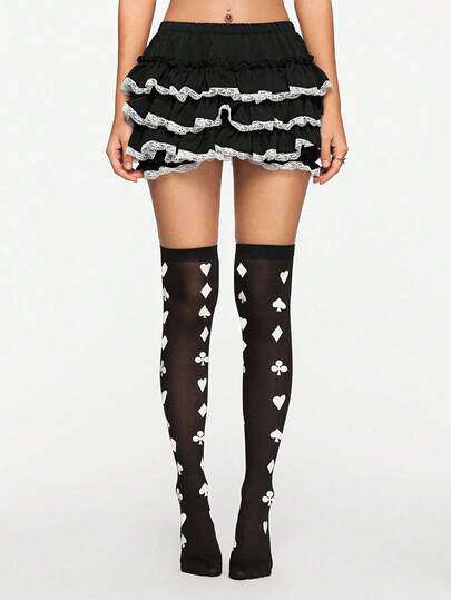 Grunge Punk 1 Pair Sexy Halloween Playing Card Fishnet Thigh High Socks, Cute Geometric Pattern Elastic Sheer Stockings, Fashionable Layering Socks For Daily Wear And Parties