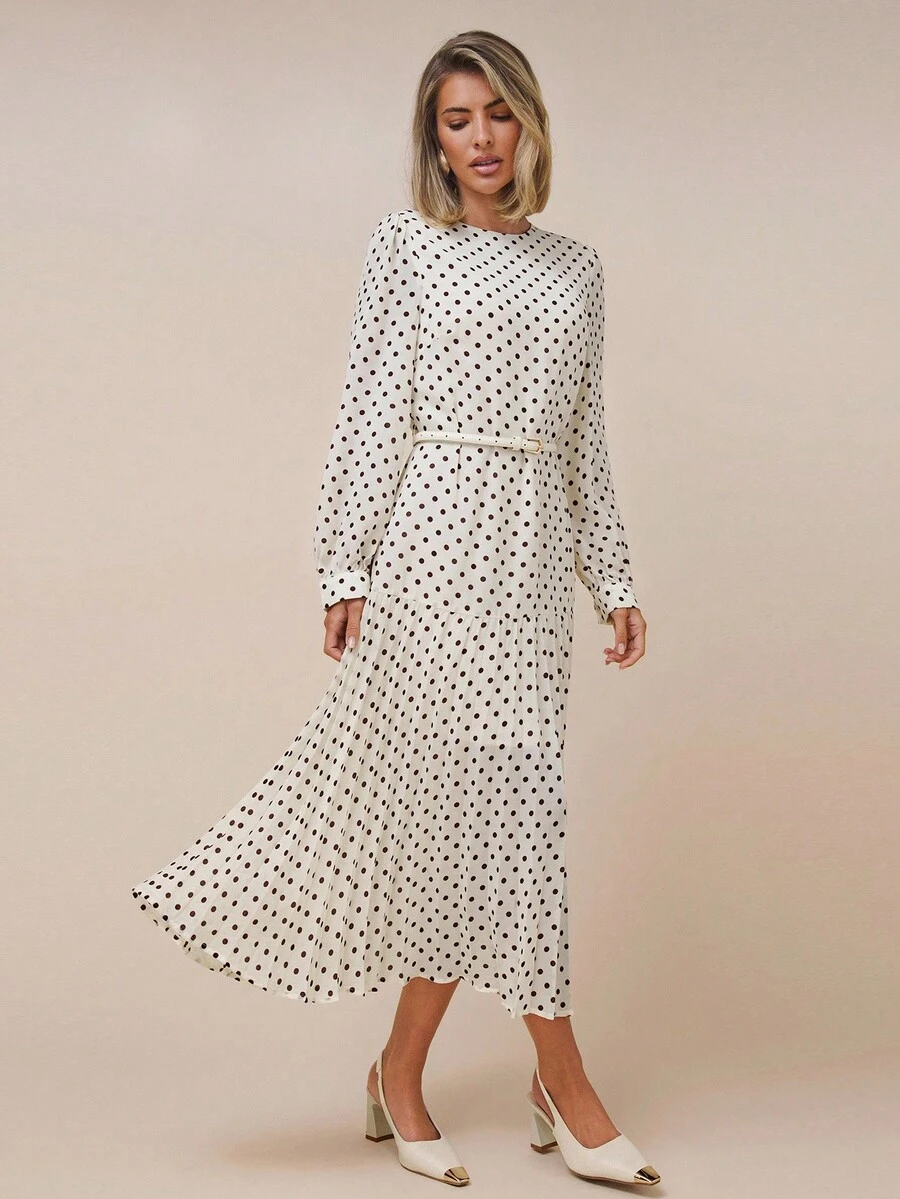 COSMINA Women's Elegant Polka Dot Cinched Waist Pleated Waist Long Dress, Suitable For Commuting And Gatherings In Early Autumn - Apricot - View 1