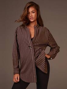 Athîral 女式棕色条纹长袖金属单扣宽松休闲衬衫 - 棕色 - 查看 7