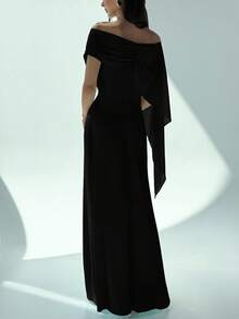 Aloruh 新款露肩船领飘逸修身设计感生日迷你连衣裙派对鸡尾酒会百搭绿色美人鱼下摆长裙，婚礼宾客礼服 - 黑色 - 查看 2