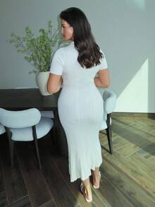 MDEdit Váy len dệt kim gân cổ chữ V đơn giản cho nữ - Màu be - Xem 2