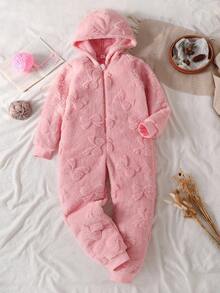 Girls' Plush Bow Jacquard Pattern Long Sleeve Hooded Jumpsuit Loungewear - Pink - View 3