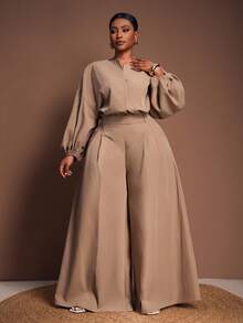 Veslaya 2025 秋冬大码女装两件套 - 大码圆领上衣和阔腿西装裤，适合学校、Y2K 街头服饰、约会、工作、机场、派对、通勤、优雅、朋克、情人节、圣诞节 - 卡其色 - 查看 6