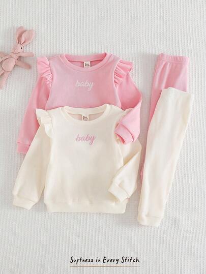 Cozy Pixies 4 件套女婴秋冬可爱刺绣字母图案圆领荷叶边长袖上衣和松紧腰长裤套装，适合休闲、居家、户外、度假、旅行等场合