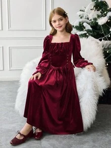 SHEIN Tween Girl 优雅纯色勃艮第方领喇叭袖系带腰部褶皱胸围复古中长连衣裙，适合圣诞节毕业礼服，秋冬优雅复古，适合派对、圣诞节、新年舞会 - 酒紅色 - 查看 6