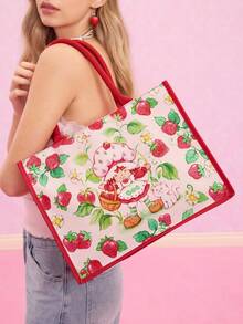 Strawberry Shortcake X SHEIN 1 件装涤纶卡通草莓印花大容量手提袋，可装笔记本电脑，适合通勤、上学、户外活动，女士适用，甜美田园风格，送礼佳品 - 彩色 - 查看 2