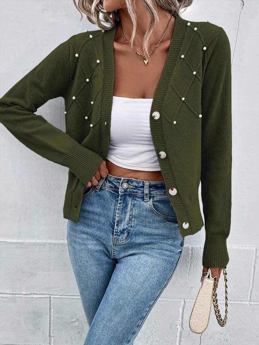 SHEIN LUNE Cárdigan casual de manga larga con adornos de perlas, otoño/invierno - Verde militar - Ver 1