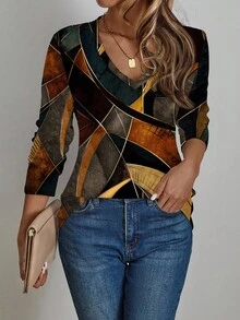 EMERY ROSE Áo thun tay dài cổ chữ V họa tiết hình học phối màu đơn giản dành cho nữ, phù hợp cho mùa thu đông - Nhiều màu - Xem 3