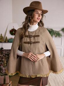 Áo choàng Poncho kiểu Tây giản dị bằng vải tuýt dày tua rua viền khóa LanaWest dành cho nữ - màu nâu - Xem 5