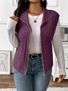 EMERY ROSE Áo vest dệt kim cổ tròn màu trơn cỡ lớn cho nữ, kiểu dáng đại học, có khóa kéo phía trước, thu/đông - Màu tím - Xem 1