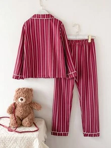 Girls' Striped Cardigan And Pants 2 Pieces Set, Featuring Cute Bear Patch, Contrast Trim, Suitable For Christmas, Autumn/Winter - Red - View 2