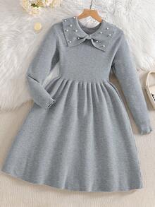 Sparklyn Tween Girls' Sweet Cute Autumn/Winter New Style Fashionable Lace Pearl Collar Gray Dress - Soft Versatile Lapel Long-Sleeve Sweater Dress, Princess-Style Knit Dress For Girls Fall
