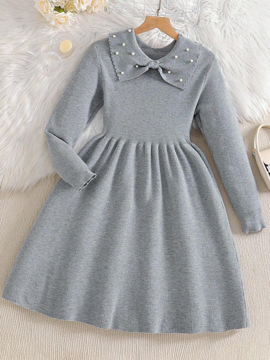 Sparklyn Tween Girls' Sweet Cute Autumn/Winter New Style Fashionable Lace Pearl Collar Gray Dress - Soft Versatile Lapel Long-Sleeve Sweater Dress, Princess-Style Knit Dress For Girls Fall