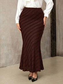 Roveilla Plus Size Jacquard Elastic Waist Slimming Mermaid Skirt, Autumn/Winter Abaya Dubai Musera Plus Size Women Long Skirt Long Brown Skirt Textured Brown Skirt Skirt With Belt Brown Maxi Skirt