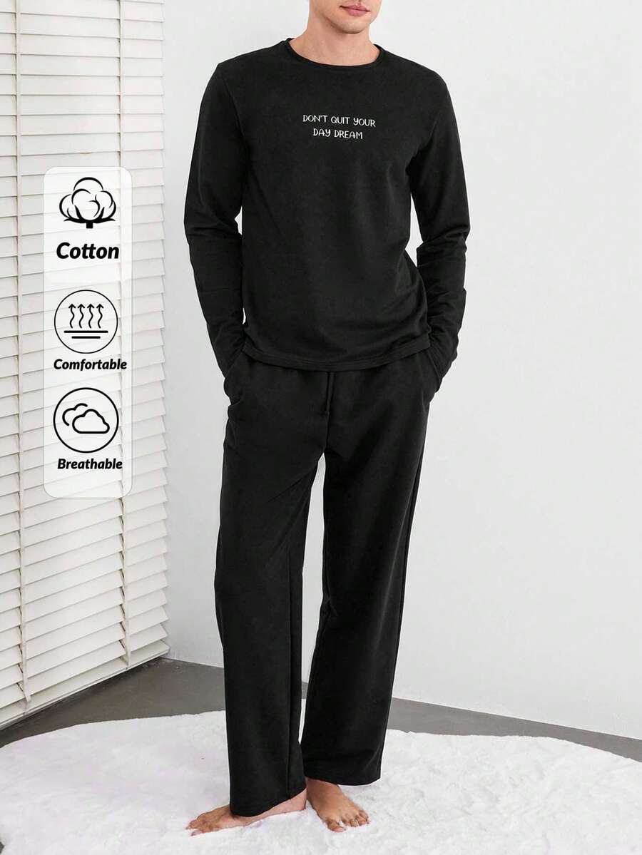 EURMUSE Conjunto de pijama de hombre con gráfico de eslogan 100% algodón - Negro - Ver 1