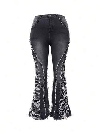 Grunge Punk Jeans acampanados desgastados de estilo grunge-punk para mujer de talla grande, pantalones vaqueros de moda para otoño/invierno, adecuados para fiestas, reuniones y festivales de música