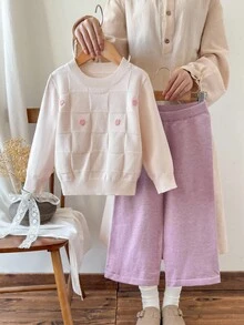 Young Girl Floral Embroidery Sweater And Knit Pants Set - Multicolor - View 3
