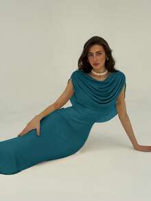 Aloruh Women's Solid Color Pleated Fitted Elegant Long Dress - Teal Blue - View 5