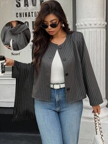 Easura Plus Size Women Striped Long Sleeve Single-Breasted Casual Blazer Jacket With Scarf, Autumn Fall Cloth For Women Winter - Dark Grey - View 6