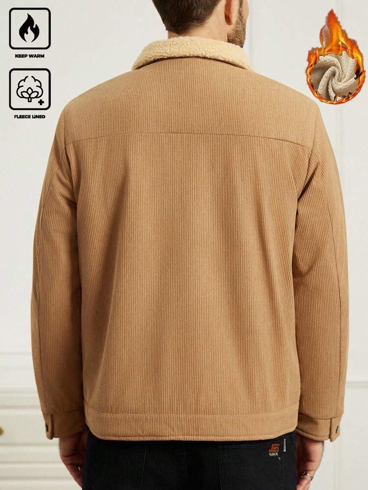 Manfinity Homme Men's Autumn/Winter Simple Fleece Jacket, Multi-Pocket Design, Corduroy, Business Casual Outdoor Zip-Up Versatile Jacket, Old Money - Khaki - View 2