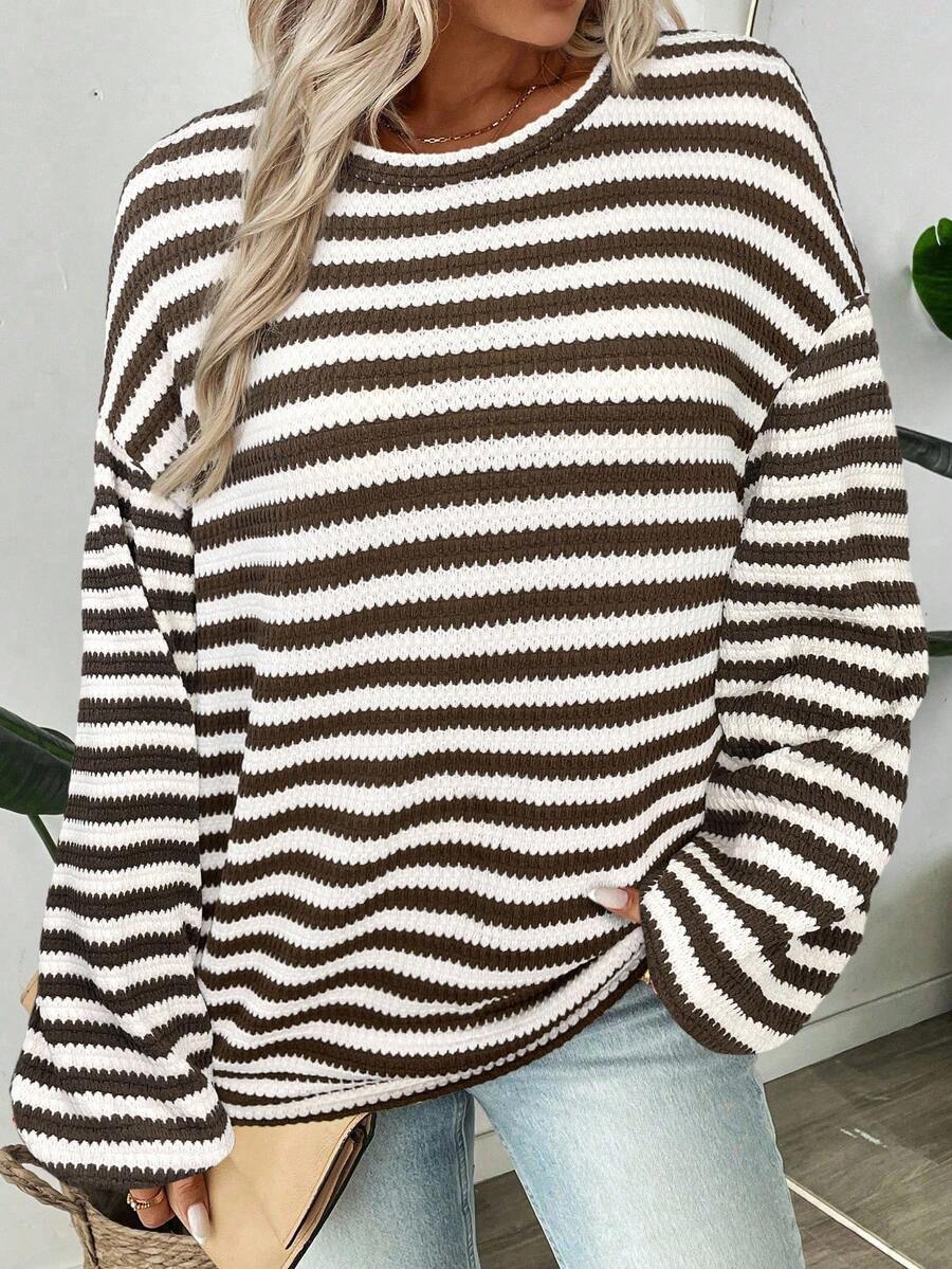 SHEIN LUNE Women's Loose Fit Drop Shoulder Textured Brown Casual Sweatshirt, Autumn/Winter Brown Sweater Striped Long Sleeve - Brown - View 1