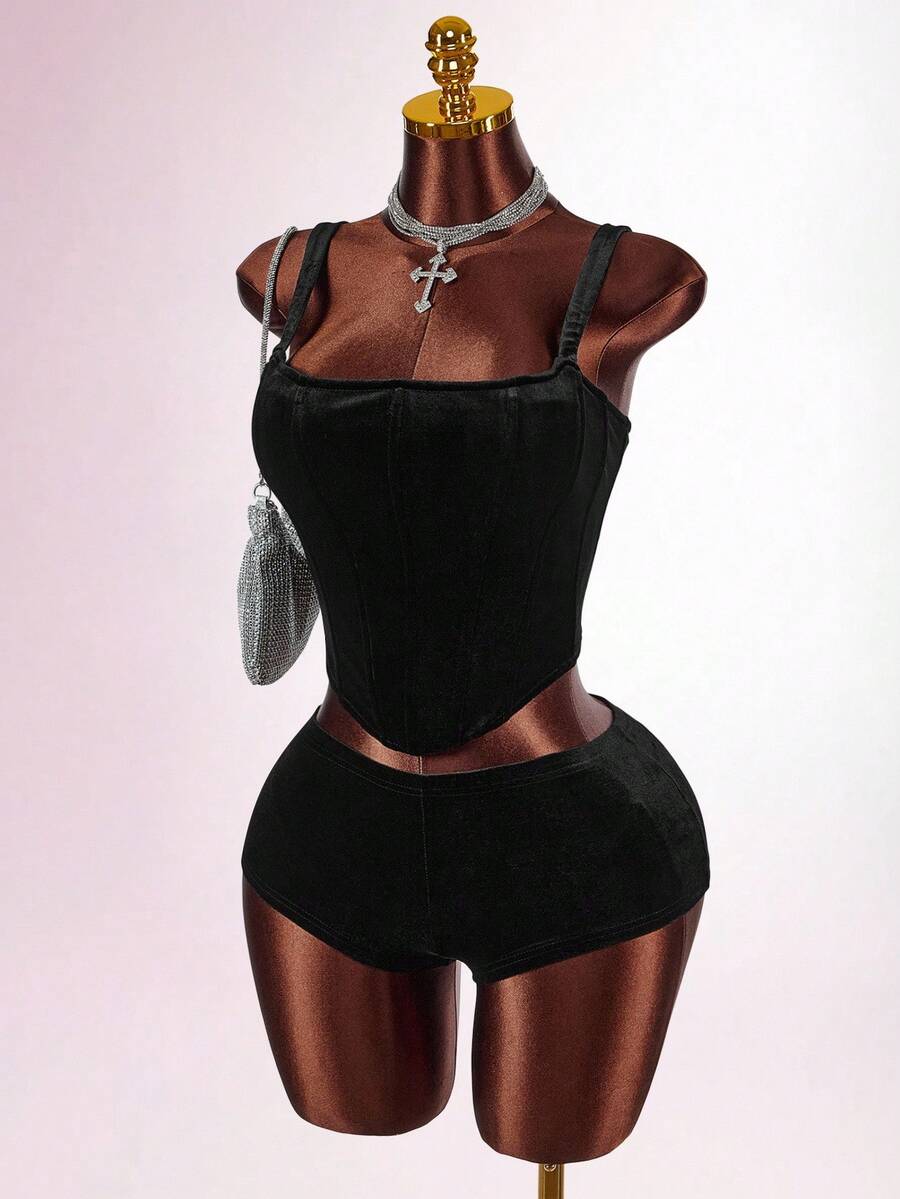 Amplova Damen sexy einfarbiges Camisole und super kurze Shorts 2 Stücke Set, Sommer - Schwarz - Übersicht 1