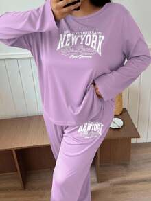 SHEIN Doze Lane Bộ đồ ngủ thường ngày in chữ tay dài cỡ lớn kèm quần dài, trang phục ấm áp, quần áo thu đông - Màu tím - Xem 4