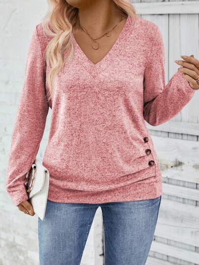 EMERY ROSE Women's V-Neck Long Sleeve Side Button Decor Pleated Soft Knit Casual Plus Size T-Shirt, Autumn/Winter