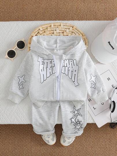 SHEIN 2 件套男婴连帽拉链夹克 + 裤子套装，字母和星星印花，街头休闲运动装，适合秋冬日常穿着