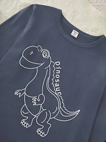 青少年男孩舒适恐龙印花长袖上衣和裤子睡衣套装，秋季 - 卡其色 - 查看 6