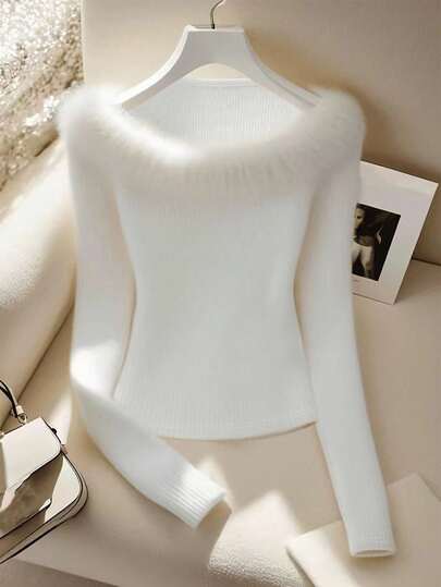 Franclia Elegant Women's Tops Sexy Elegant Dating Party Gathering Christmas Boat Neck Fur Decoration Tight Long Sleeves Women's White Tops Autumn And Winter T-Shirt Cropped Tops