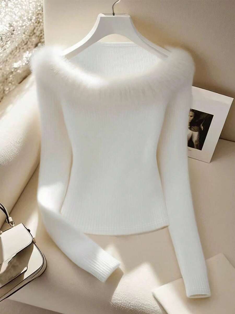 Franclia Áo thun trắng cổ thuyền viền lông gợi cảm và thanh lịch dành cho nữ, thích hợp cho các buổi hẹn hò, tiệc tùng, tụ họp, mùa thu/đông - trắng - Xem 1