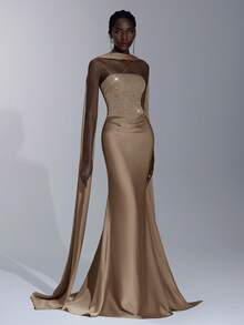 Elitara Elegant Luxurious Rhinestone & Sequin Decor Halter Mermaid Tail Dress With Train, Suitable For Weddings, Events, Parties, Graduations, Formal Occasions (Heavy Embellishment) - Camel - View 1