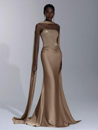 Elitara Elegant Luxurious Rhinestone & Sequin Decor Halter Mermaid Tail Dress With Train, Suitable For Weddings, Events, Parties, Graduations, Formal Occasions (Heavy Embellishment)