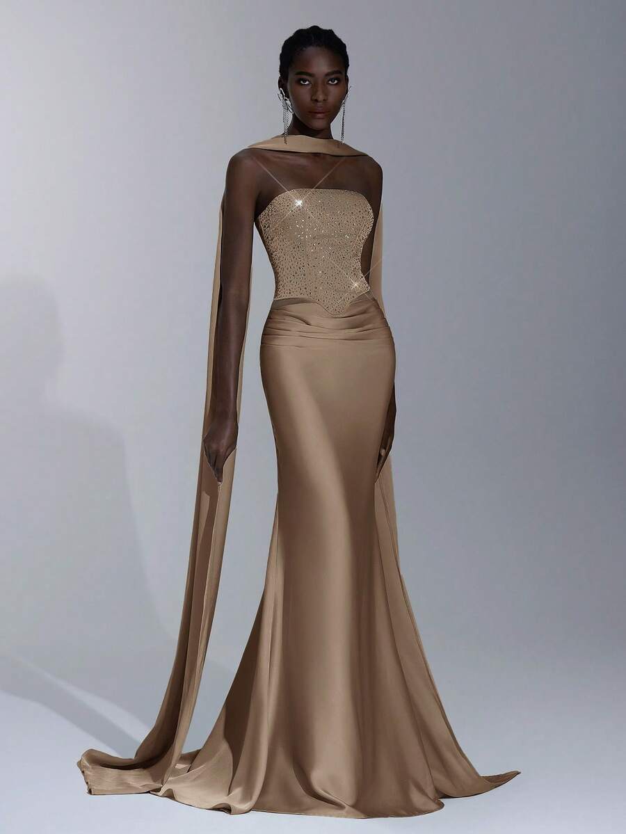 Elitara Elegant Luxurious Rhinestone & Sequin Decor Halter Mermaid Tail Dress With Train, Suitable For Weddings, Events, Parties, Graduations, Formal Occasions (Heavy Embellishment) - Camel - View 1