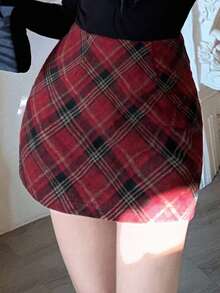 DAZY 优雅格子半身裙，适合女士，秋季/圣诞节/新年穿着 - 紅色 - 查看 9