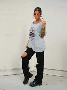 SAYEHFBABY Vintage Style Car Graphic Loose Casual T-Shirt For Women, Summer Back To School - Grey - View 2
