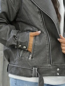 SAYEHFBABY Áo khoác xe máy cổ điển ve áo bằng da PU giặt - Màu xám đen - Xem 3