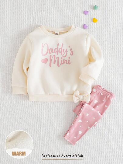Cozy Pixies 2pcs Baby Girl Heart Pattern Knitted Soft Crew Neck Long Sleeve Sweatshirt And Leggings Set