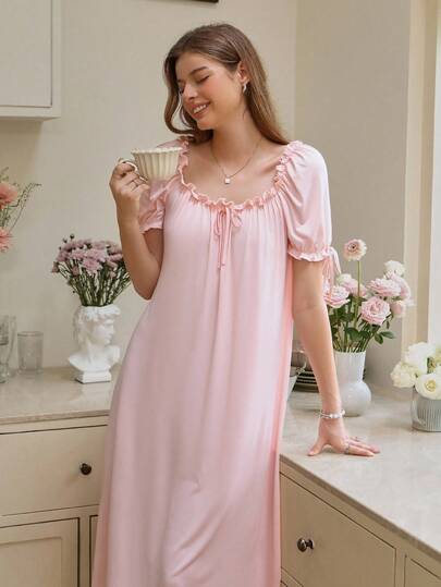 Snug Reverie Ruffled Square Neck Loose Long Night Gown Holiday Season, Moo view 4