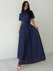 Firerie Women's Elegant Romantic Elegant Daily Commute Beach Vacation Stand Collar Pleated High Waist A-Line Flare Sleeve White Dress