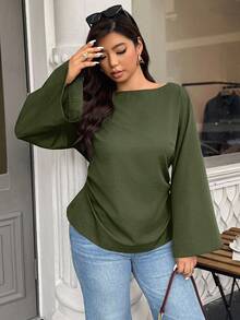 Easura 秋季大码休闲纯色喇叭袖衬衫 - 綠色 - 查看 4