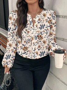 EMERY ROSE Plus Size Women Casual Elegant Retro Apricot Floral Print Shirt, Suitable For  Flower Shirt Floral Blouse Casual Blouse Women Blouses Long Sleeve Floral Shirt,Spring/Summer/Vacation - Multicolor - View 1