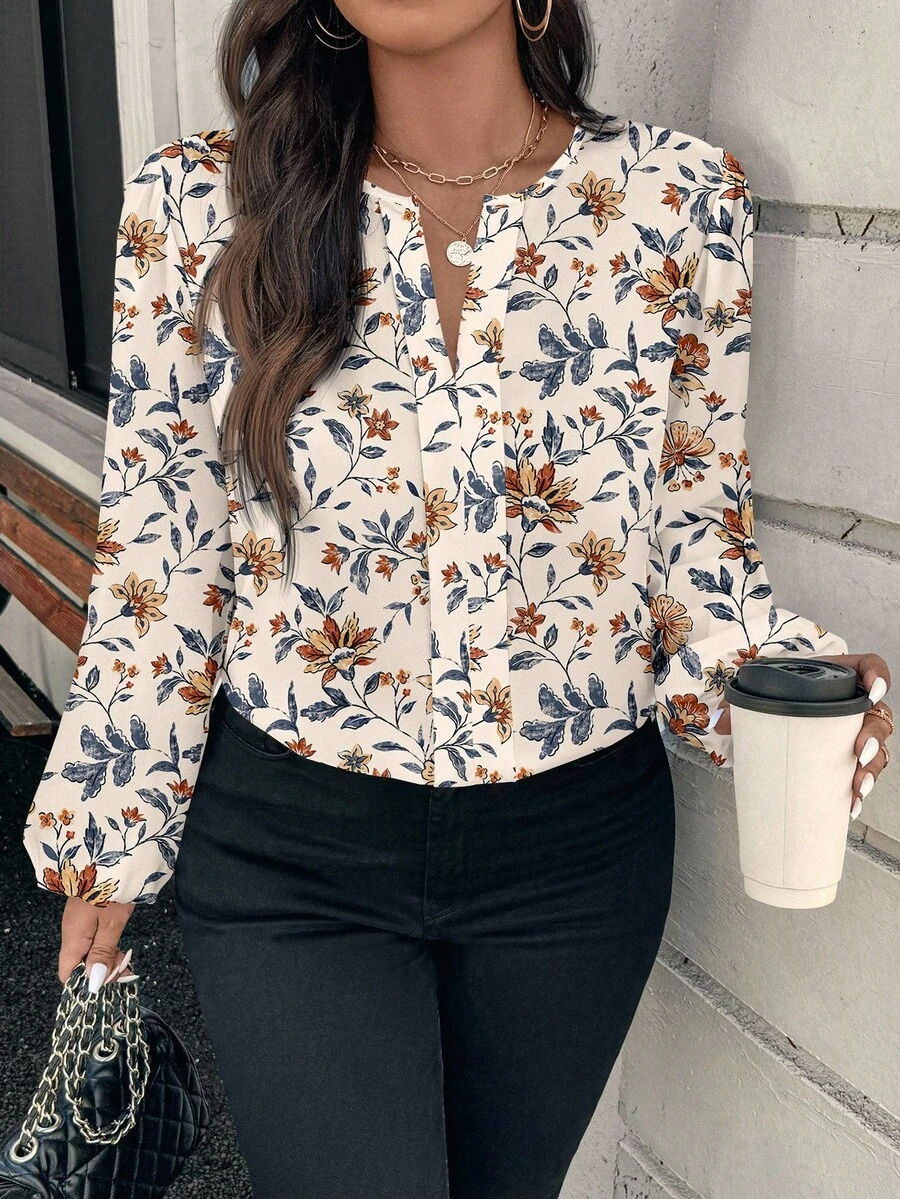 EMERY ROSE Plus Size Women Casual Elegant Retro Apricot Floral Print Shirt, Suitable For  Flower Shirt Floral Blouse Casual Blouse Women Blouses Long Sleeve Floral Shirt,Spring/Summer/Vacation - Multicolor - View 1