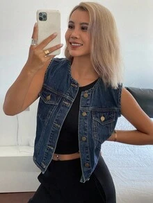 Livesso 女式夏季圆领修身无袖牛仔夹克，休闲短款上衣 - 中等水洗藍 - 查看 2