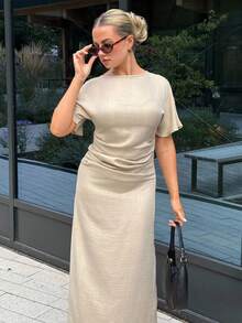 Bethéva Váy suông vải lanh pha trộn màu trơn mùa hè cho nữ, màu vàng bơ, váy sang trọng thanh lịch, váy sự kiện buộc dây váy dự tiệc trang trọng cho nữ váy dự tiệc cho nữ váy dài cho nữ váy trang trọng cho nữ váy dài cho nữ váy trang trọng cho nữ váy mùa hè cho nữ, váy tốt nghiệp - Màu be - Xem 5