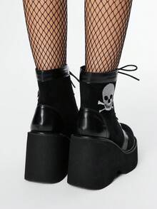 ROMWE Grunge Punk 女式厚底坡跟踝靴，哥特朋克风格绒面革骷髅刺绣图案，舒适后拉链黑色厚底高跟靴 - 黑色 - 查看 5