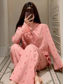 DAZY Conjunto de pijama holgado de mujer con estampado de salpicaduras de agua y cordones, ropa de otoño e invierno - Rosa - Ver 4